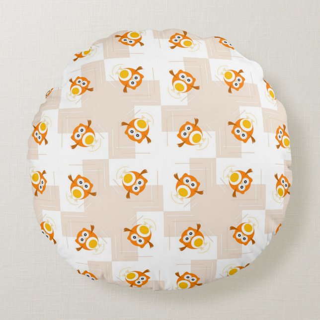 Orange Owl Illustration Pattern Round Pillow (Front)