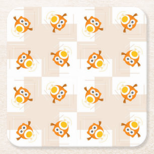 Orange Owl Illustration Pattern Square Paper Coaster