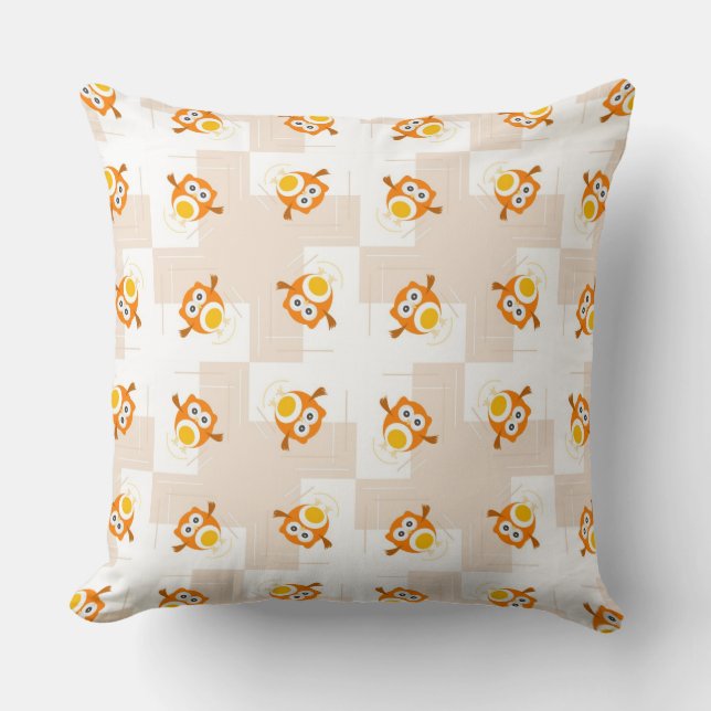 Orange Owl Illustration Pattern Throw Pillow (Front)