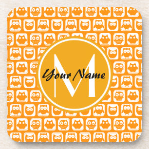 Orange Owls Custom Monogram Coaster