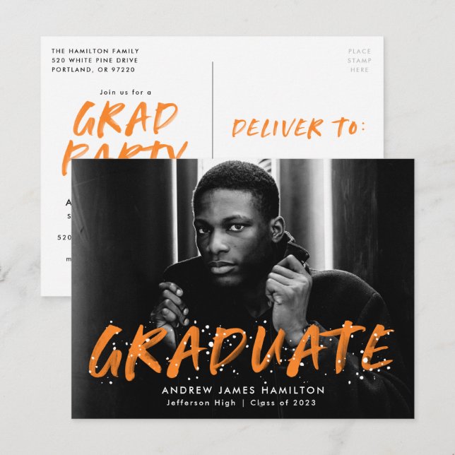 Orange Paint Splatter Photo Graduation Party Invitation Postcard (Front/Back)