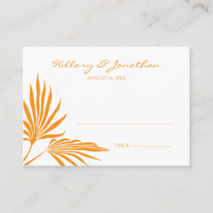 Orange palm leaf wedding escort seating place card