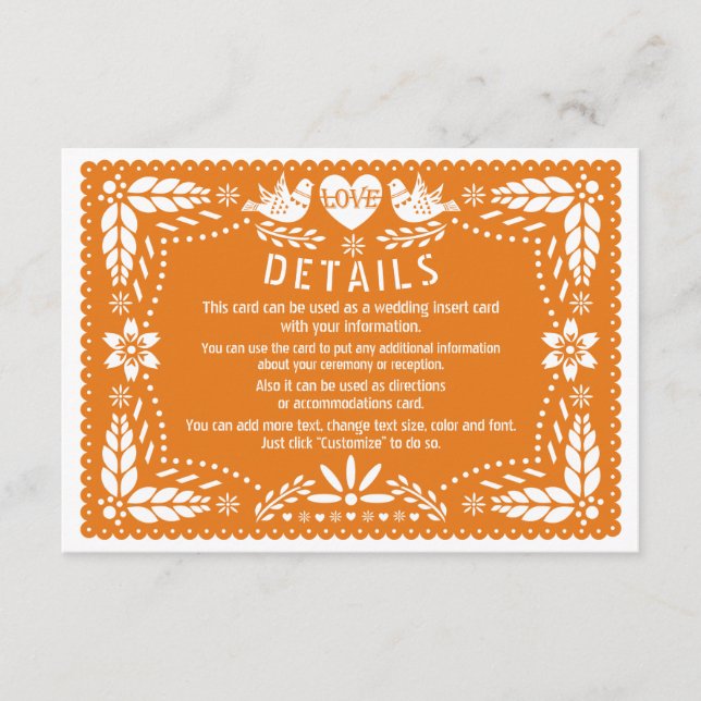 Orange papel picado love birds wedding details enclosure card (Front)
