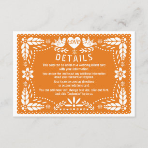 Orange papel picado love birds wedding details enclosure card