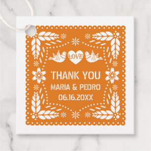 Orange papel picado love birds wedding fiesta favour tags