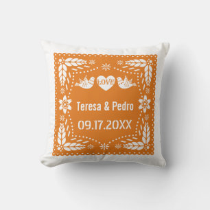 Orange papel picado love birds wedding fiesta throw pillow