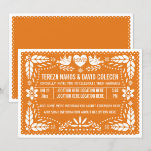Orange papel picado love birds wedding invitation