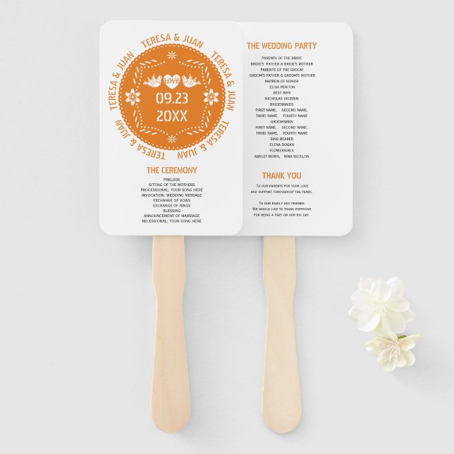 Orange papel picado love birds wedding program hand fan (Front and Back)