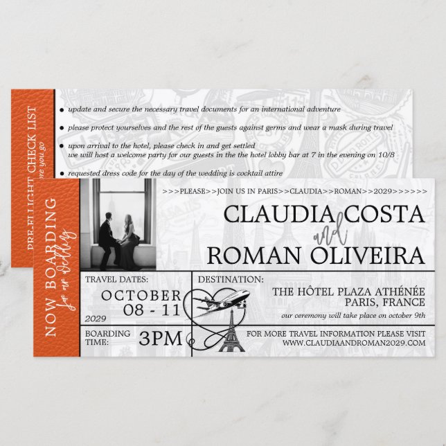 Orange Paris Wedding Boarding Pass Invitation (Front/Back)