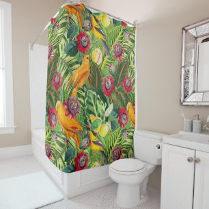 Orange Parrots in Tropical Flower Jungle Pattern