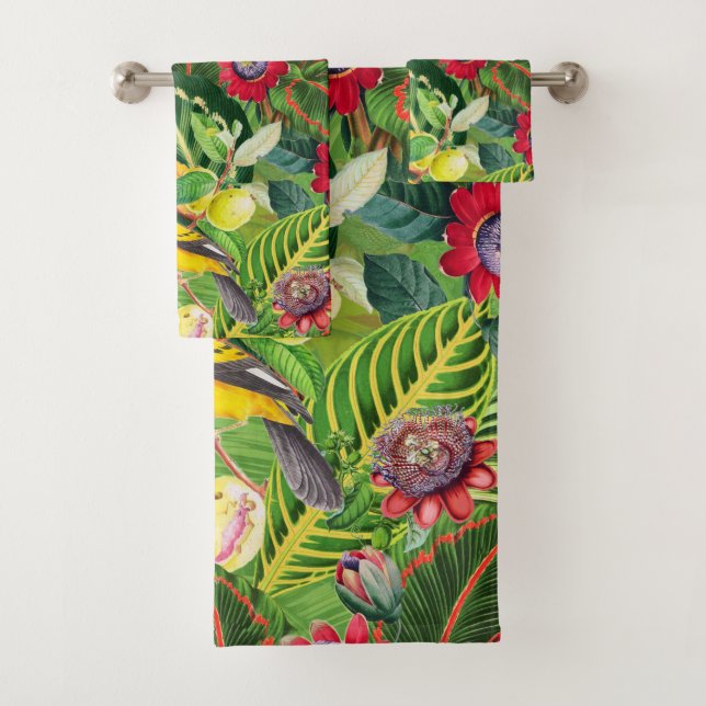Orange Parrots in Tropical Flower Jungle Pattern Bath Towel Set (Insitu)