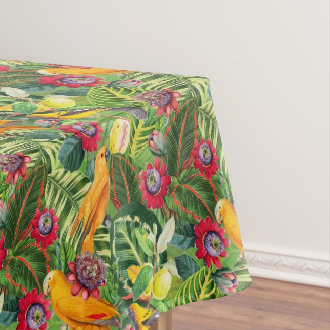 Orange Parrots in Tropical Flower Jungle Pattern Tablecloth (In Situ)