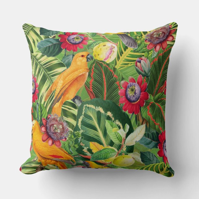 Orange Parrots in Tropical Flower Jungle Pattern Throw Pillow (Front)