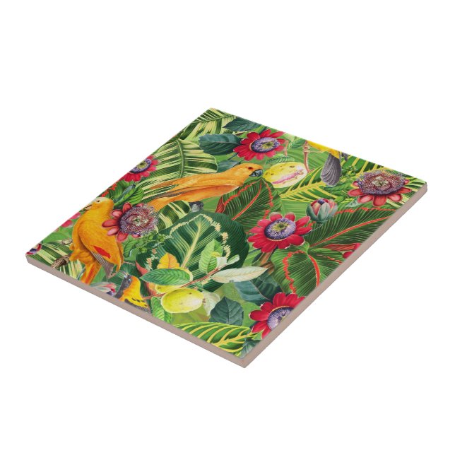 Orange Parrots in Tropical Flower Jungle Pattern Tile (Side)