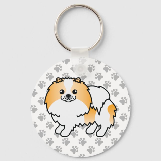 Orange Parti-Color Pomeranian Cartoon Dog & Paws Keychain (Front)