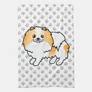 Orange Parti-Colour Pomeranian Cartoon Dog & Paws Kitchen Towel