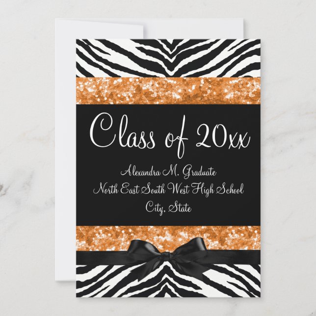 Orange Parties scintillant Zebra Bow Invitation de (Devant)