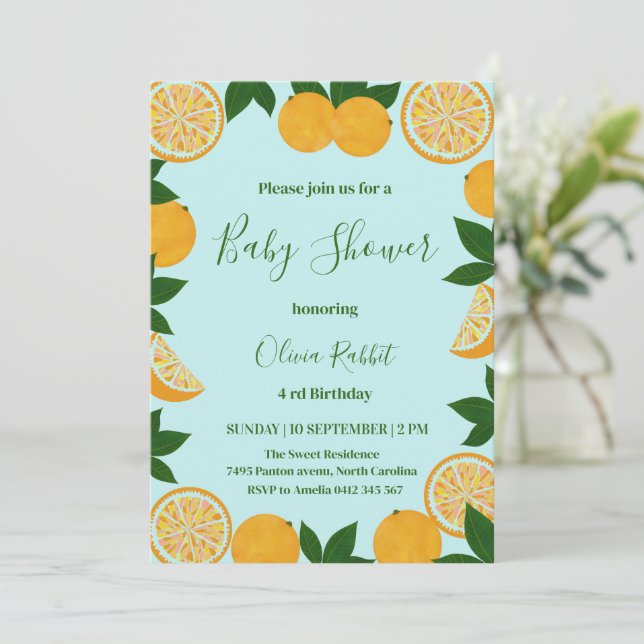 Orange Party Fruit Fresh Baby Shower  Invitation (Standing Front)