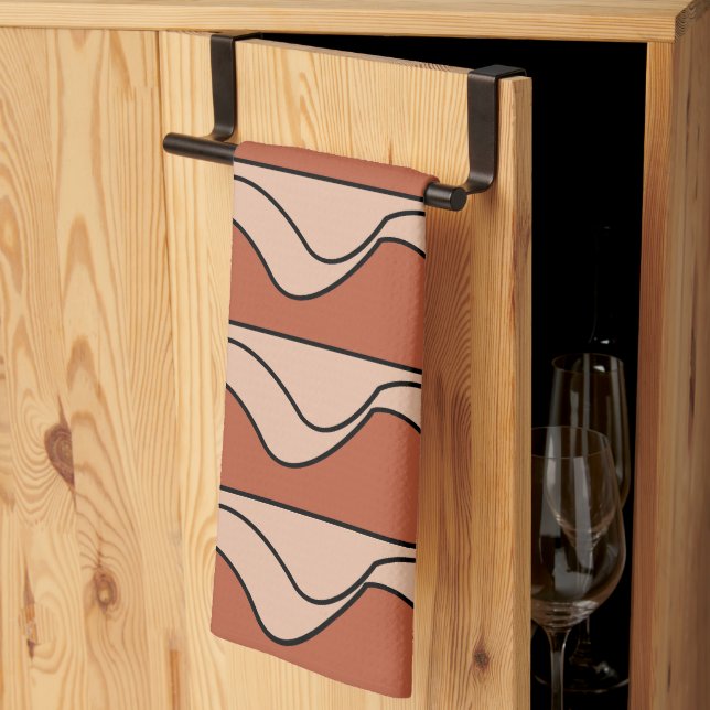 Orange Pastel Black Wavy Stripes Pattern Kitchen Towel (Thirds Fold)