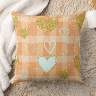 Orange Pastel Heart Stripe with Gold Accents Throw Pillow