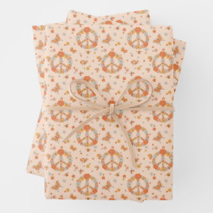 Orange Peace Floral Pattern Wrapping Paper Sheet