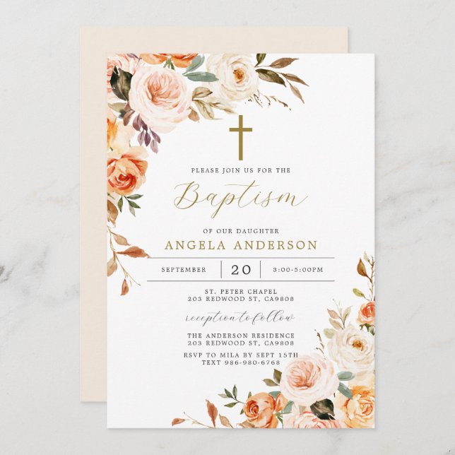 Orange Peach Baptism/Christening Invitation (Front/Back)