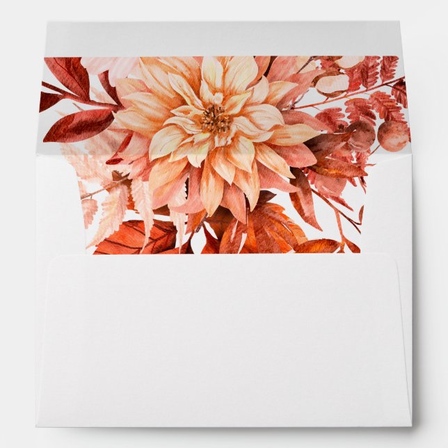 Orange peach dalia flowers and leaves fall wedding envelope (Back (Bottom))