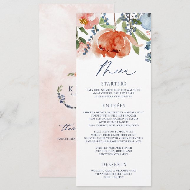 Orange Peach Dusty Blue Garden Floral Wedding Menu (Front/Back)