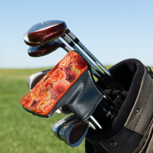 Orange Peach Flowers Monogrammed Floral Golf Head Cover (In Situ)