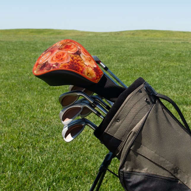 Orange Peach Flowers Monogrammed Floral Golf Head Cover (In Situ)