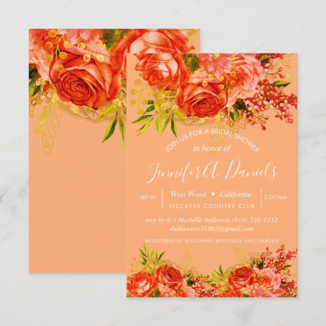 Orange Peach Gold Foil Roses Bridal Shower Invitation (Front/Back)