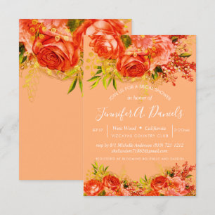 Orange Peach Gold Foil Roses Bridal Shower Invitation