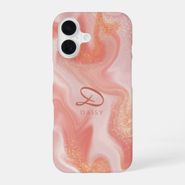 Orange Peach Gold Glitter Marble Customizable iPhone 16 Case (Back)