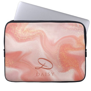 Orange Peach Gold Glitter Marble Customizable Laptop Sleeve