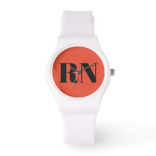 Orange Peach RN Nurse White Wrist Watch