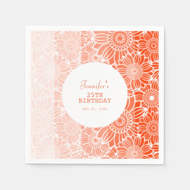 Orange Peach Stripes Floral Birthday  Napkin (Front)