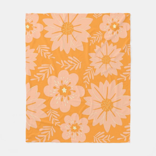 Orange Peach Tropical Floral Botanical Summer Fleece Blanket (Front)