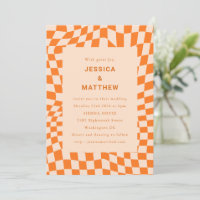 Orange Peach Wavy Chequerboard Retro Wedding
