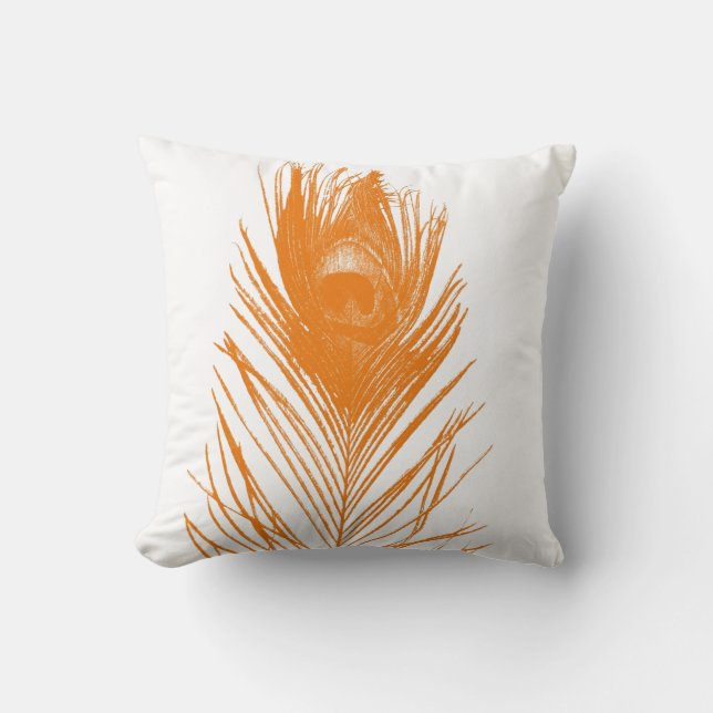 Orange Peacock Feather Throw Pillow (Front)
