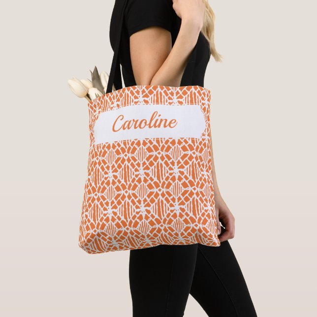 Orange Peel With White Crochet Lace Pattern Tote Bag (Close Up)