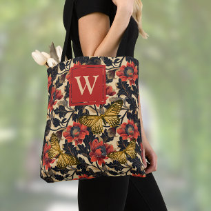 Orange Peonies Gold Butterflies Vintage Initial Tote Bag