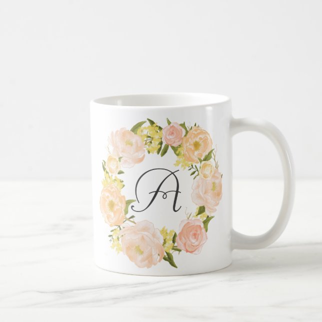 Orange Peonies Wreath Personalized Monogram Mug (Right)