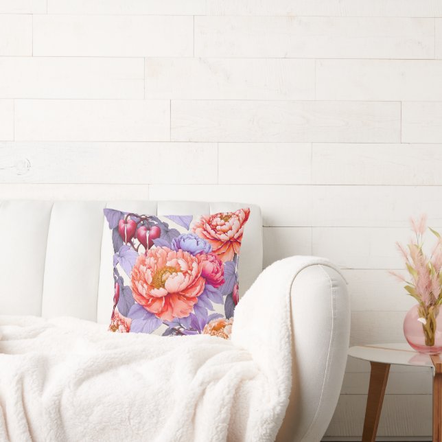 Orange Peony & Bleeding Heart Throw Pillow (Couch)