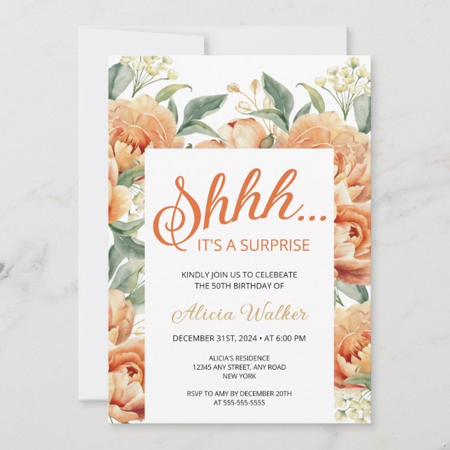 Orange Peony Floral Surprise Birthday  Invitation (Front)