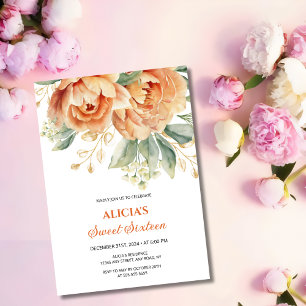 Orange Peony Gold Leaf Greenery 16th Birthday Invitation