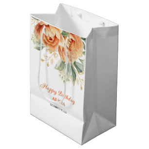 Orange Peony Gold Leaf Greenery Birthday  Medium Gift Bag