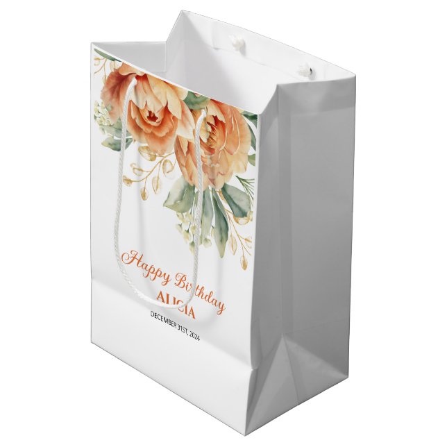 Orange Peony Gold Leaf Greenery Birthday  Medium Gift Bag (Front Angled)