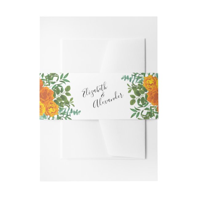 Orange Peony & Rose Floral Wedding Invitation Belly Band (Front Example)