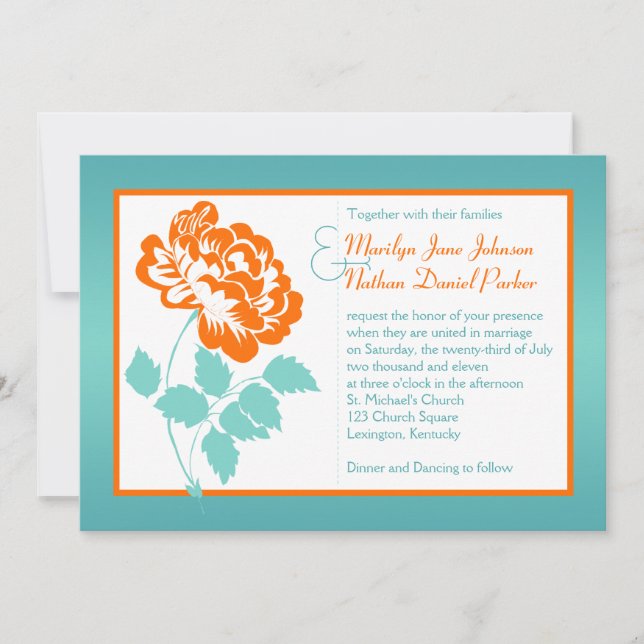 Orange Peony sur Turquoise Wedding Invitation (Devant)