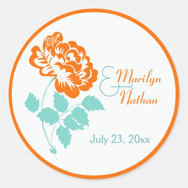 Orange Peony with Turquoise and White1.5" Sticker (Front)